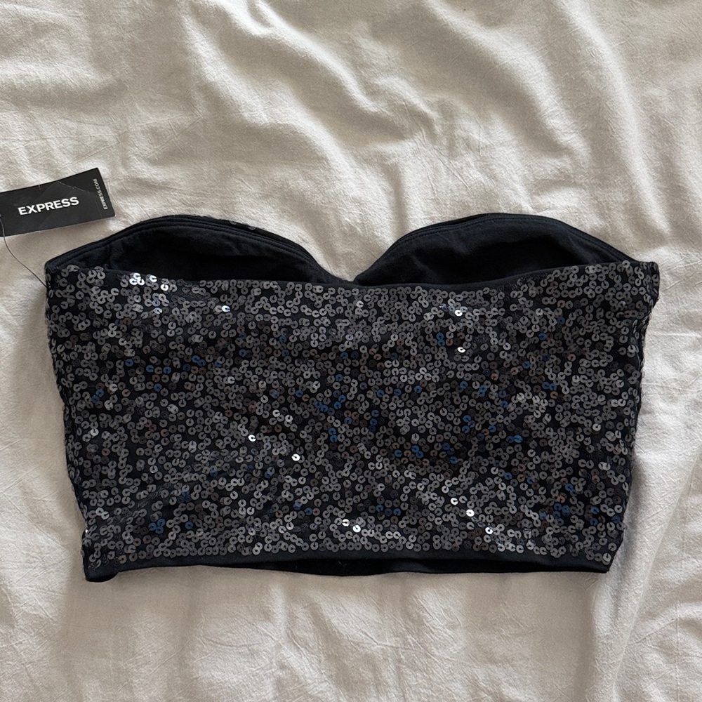 Sequined Strapless Bustier Crop Top - Black - Picture 4 of 5